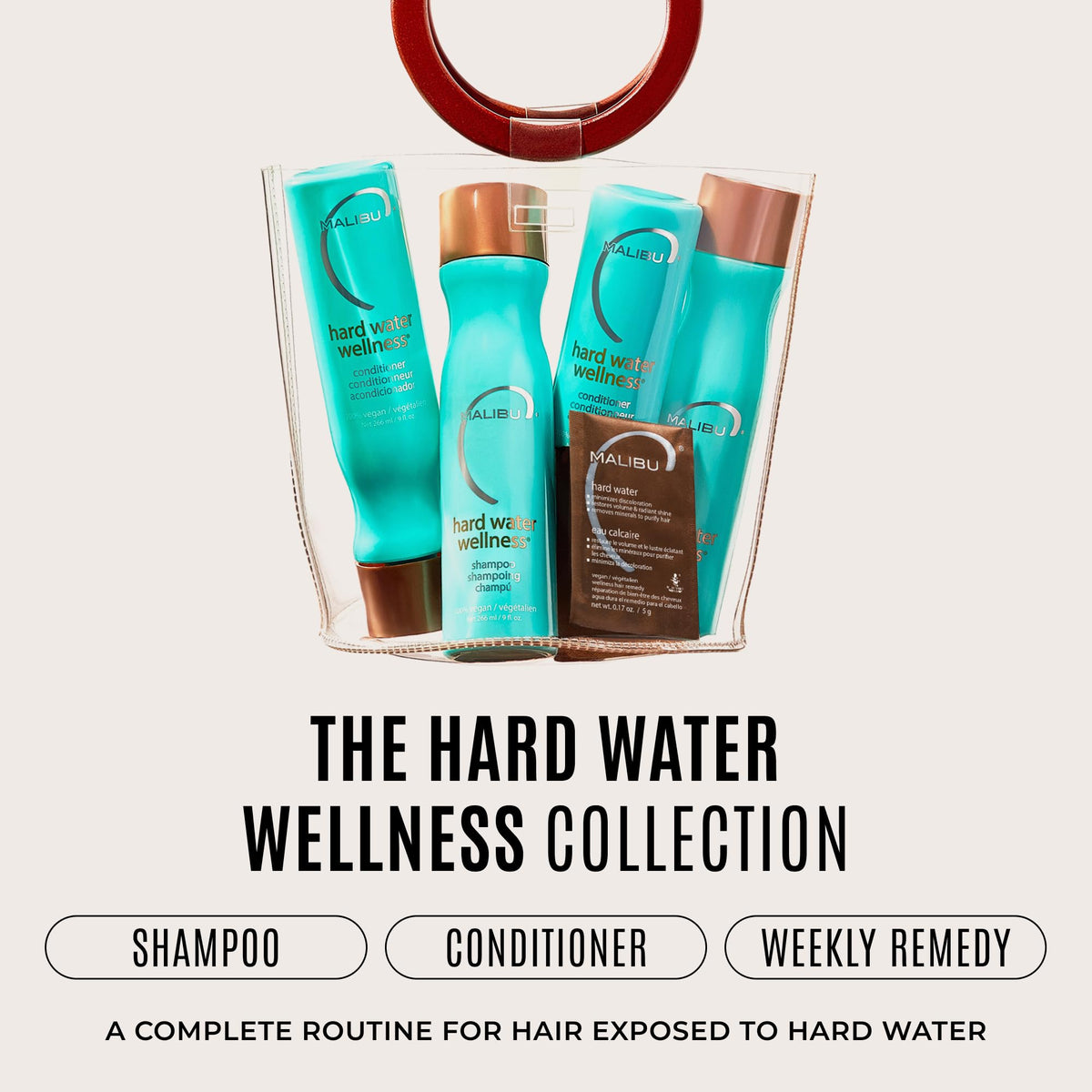 Malibu C Hard Water Wellness 3 Piece Kit (Shampoo 9oz/266ml, Conditioner 9oz/266ml, Hair Remedy 4 Packets 0.17oz/5g)