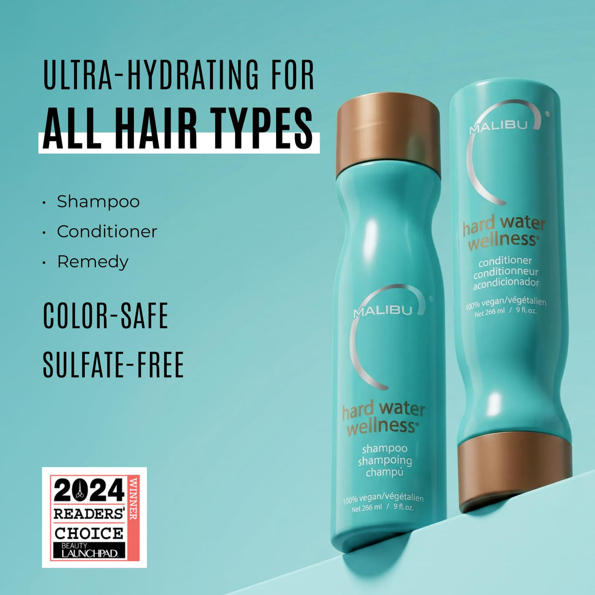 Malibu C Hard Water Wellness 3 Piece Kit (Shampoo 9oz/266ml, Conditioner 9oz/266ml, Hair Remedy 4 Packets 0.17oz/5g)