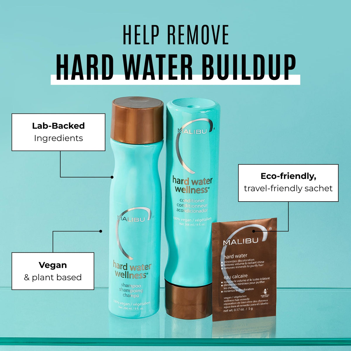 Malibu C Hard Water Wellness 3 Piece Kit (Shampoo 9oz/266ml, Conditioner 9oz/266ml, Hair Remedy 4 Packets 0.17oz/5g)