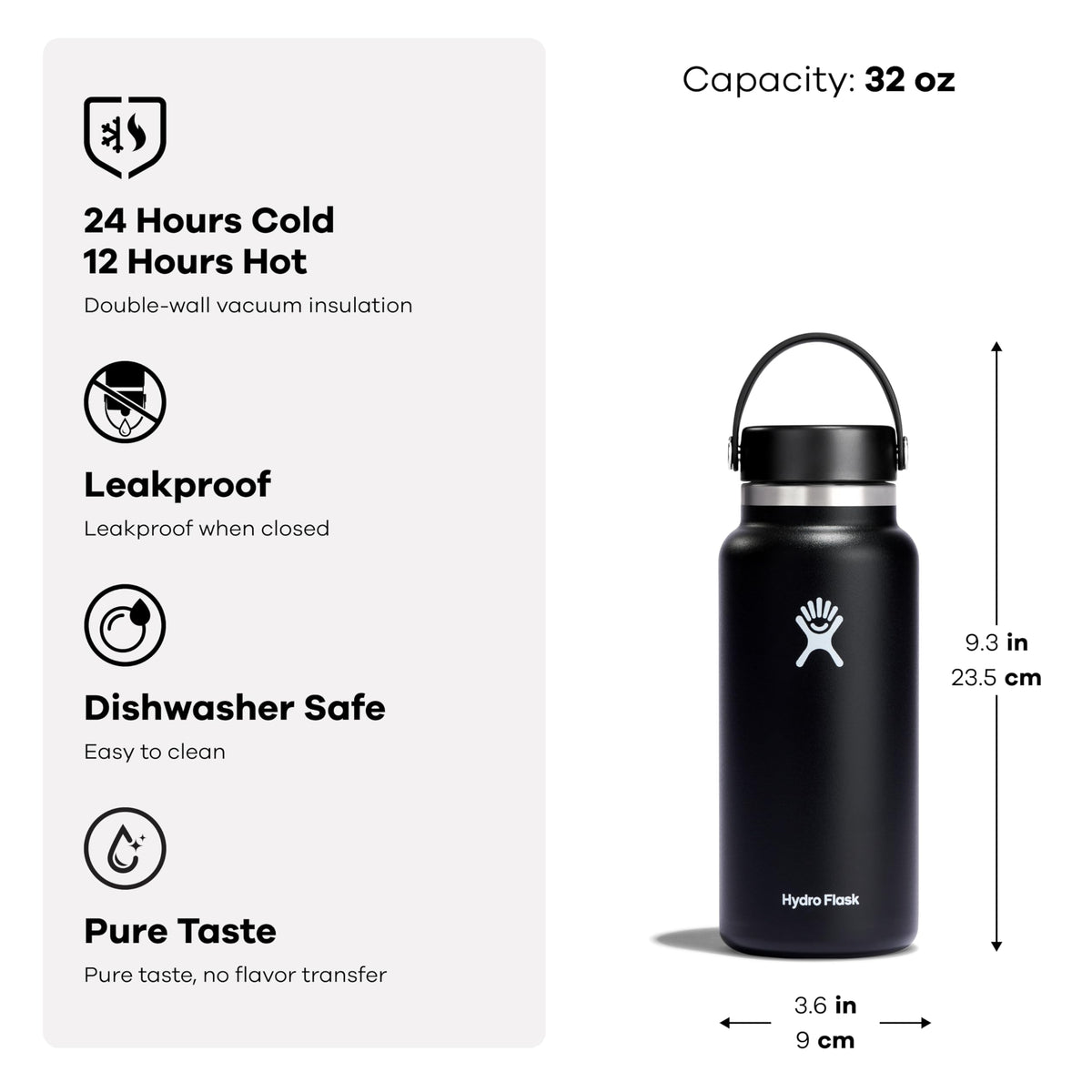 Hydro Flask 32 oz Wide Mouth Water Bottle with Flex Cap, White 32 oz (Unisex)