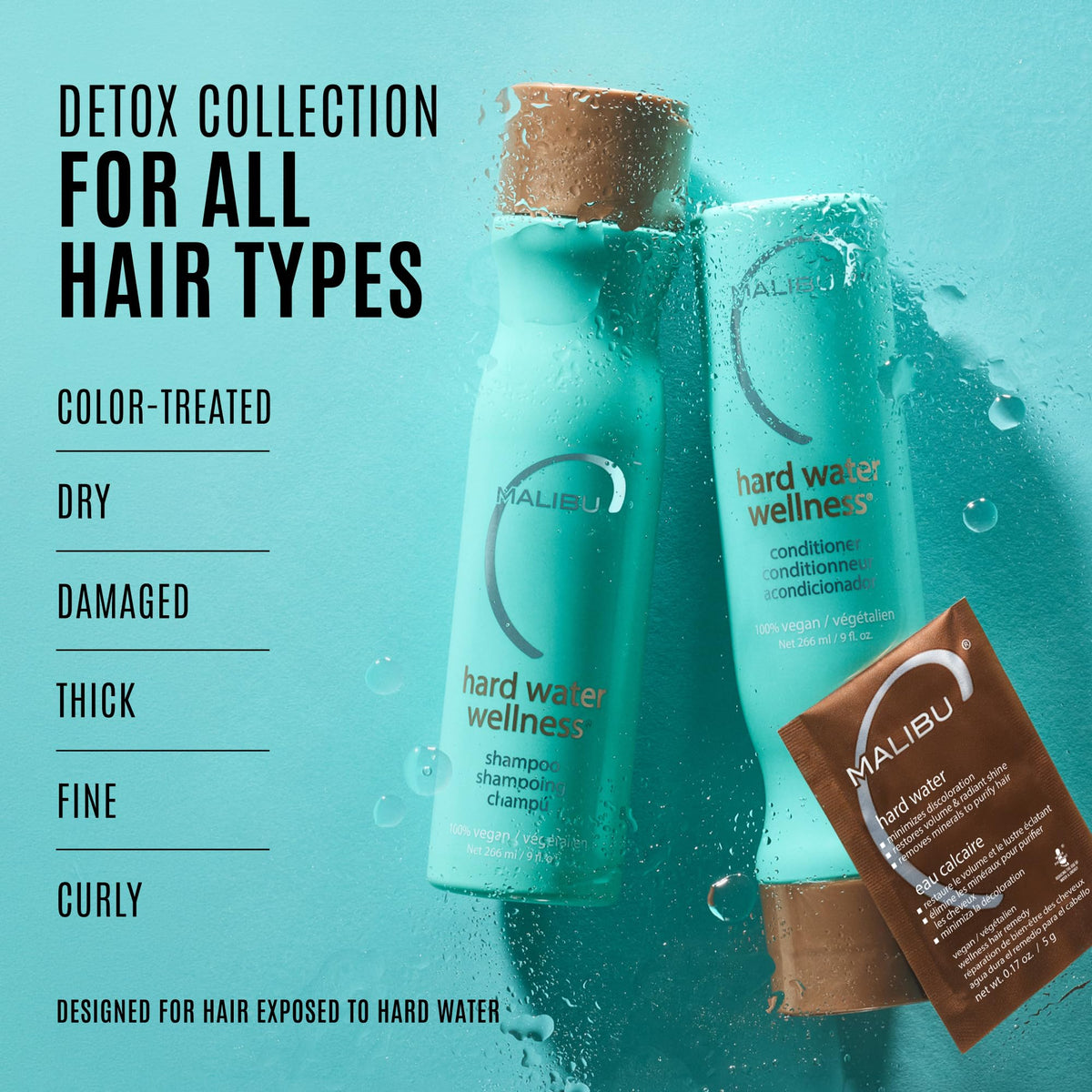 Malibu C Hard Water Wellness 3 Piece Kit (Shampoo 9oz/266ml, Conditioner 9oz/266ml, Hair Remedy 4 Packets 0.17oz/5g)