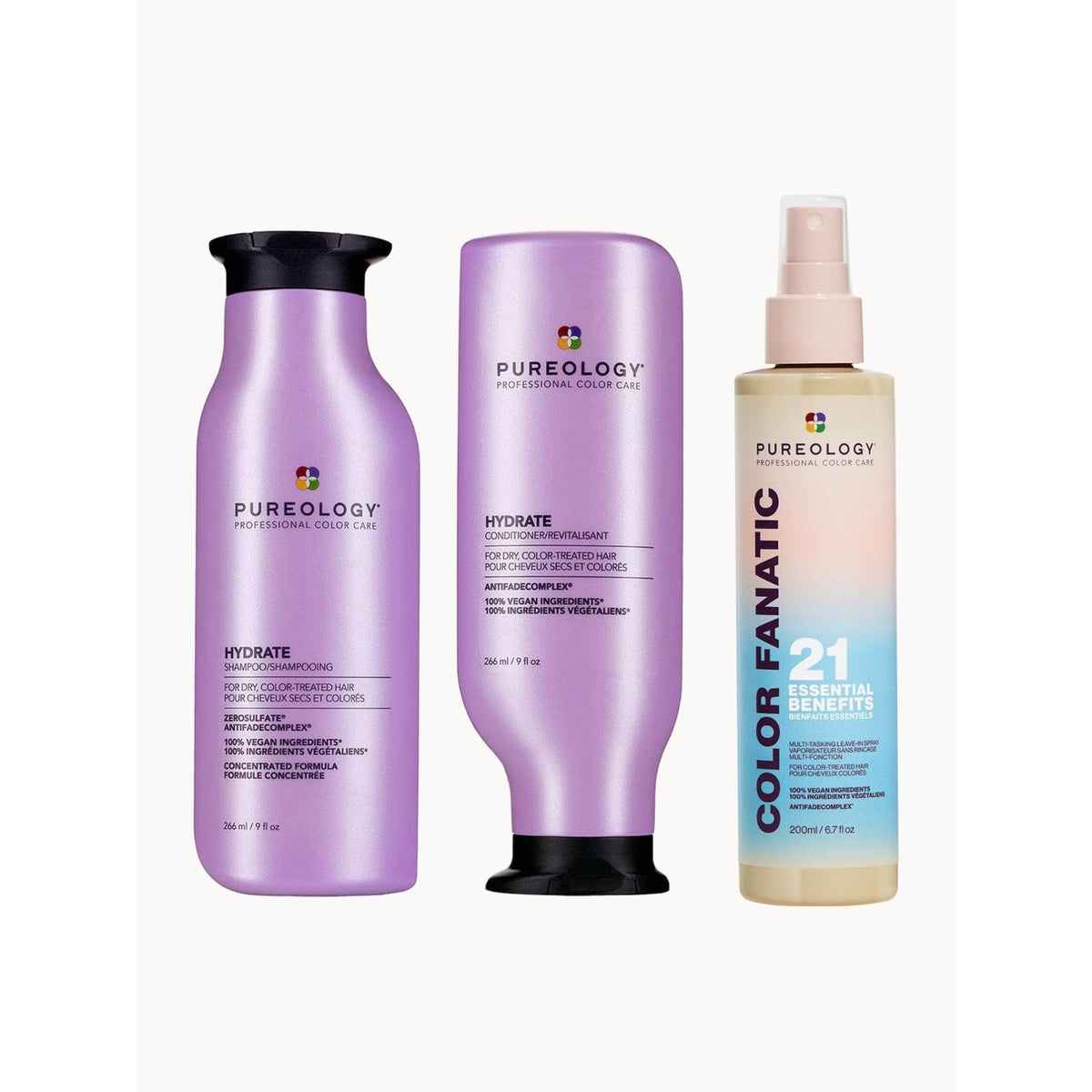 Pureology Hydrate 3 Piece Kit (Includes: Shampoo 9oz, Conditioner 9oz, Color Fanatic 21 Leave-In Spray 6.7oz)