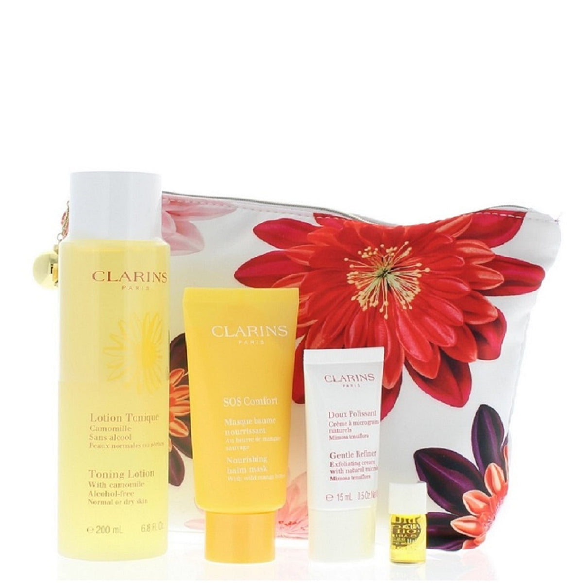 Clarins Programme Douceur 4pc Kit (Toning Lotion with Camomile 200ml, SOS Comfort Nourishing Balm Mask 75ml, Gentle Refiner Exfoliating Cream 15ml, Lotus Face Treatment Oil)