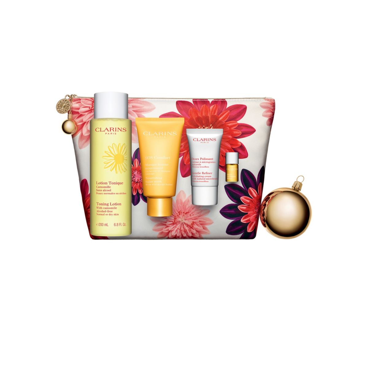 Clarins Programme Douceur 4pc Kit (Toning Lotion with Camomile 200ml, SOS Comfort Nourishing Balm Mask 75ml, Gentle Refiner Exfoliating Cream 15ml, Lotus Face Treatment Oil)
