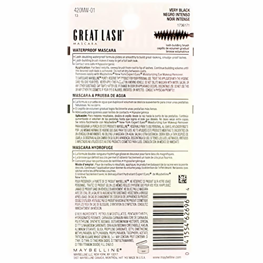 Maybelline Great Lash Mascara 111 Very Black Waterproof 0.43oz/12.7ml