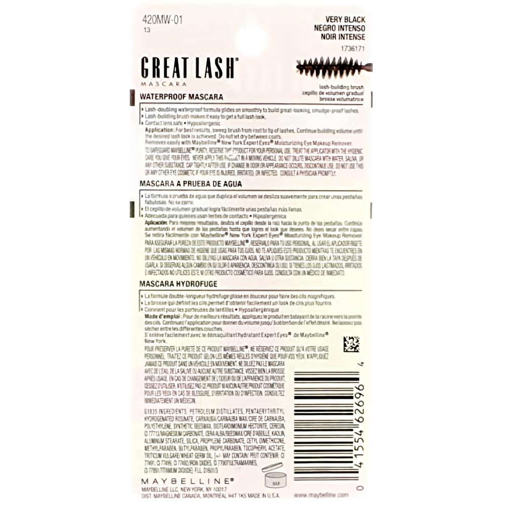 Maybelline Great Lash Mascara 111 Very Black Waterproof 0.43oz/12.7ml