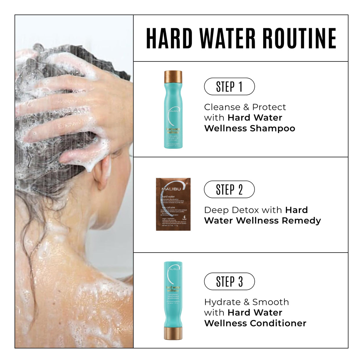 Malibu C Hard Water Wellness 3 Piece Kit (Shampoo 9oz/266ml, Conditioner 9oz/266ml, Hair Remedy 4 Packets 0.17oz/5g)