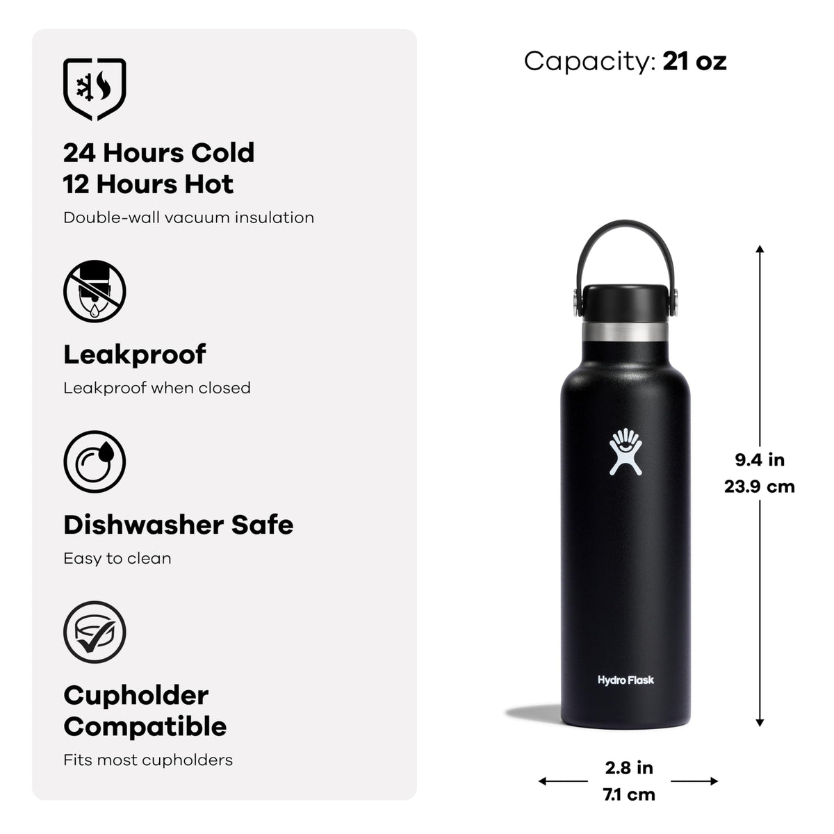 Hydro Flask 21 oz Standard Mouth Insulated Stainless Steel Water Bottle with Flex Cap - White (Unisex)