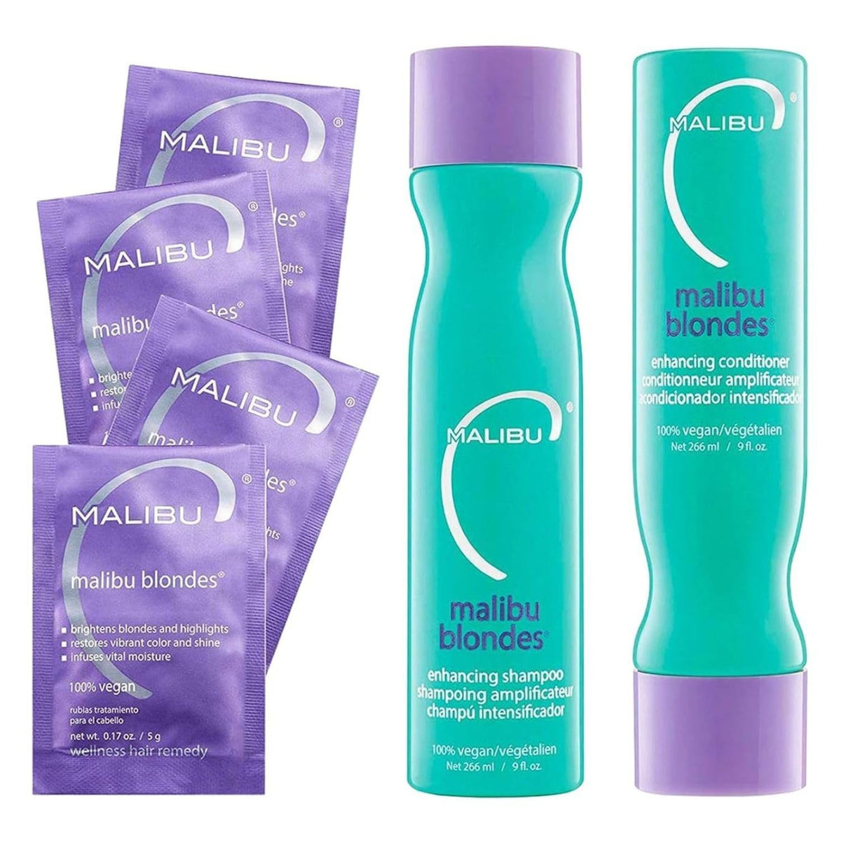 Malibu C Blondes Wellness Collection Kit (Enhancing Shampoo 266ml/9oz, Enhancing Conditioner 266ml/9oz, Blondes Sachet (4 packets) 0.17oz/5g)