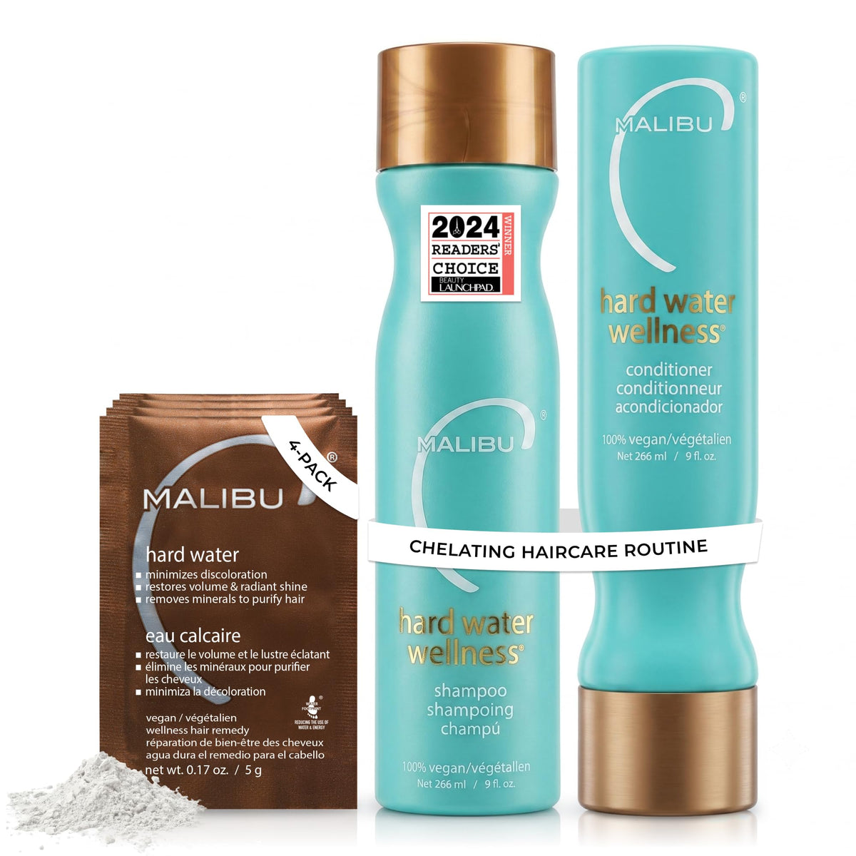 Malibu C Hard Water Wellness 3 Piece Kit (Shampoo 9oz/266ml, Conditioner 9oz/266ml, Hair Remedy 4 Packets 0.17oz/5g)