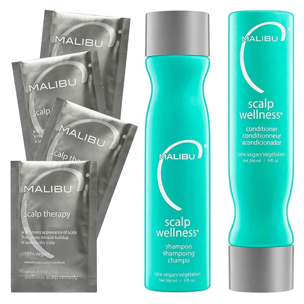 Malibu C Scalp Wellness Collection Kit (Scalp Shampoo 266ml/9oz, Scalp Conditioner 266ml/9oz, Scalp Sachet (4 packets) 0.17oz/5g)